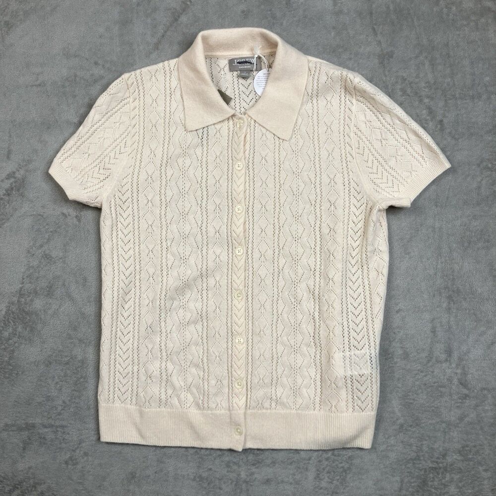 J.Crew Cashmere Cardigan Womens S Cream Pointelle Short Sleeve Collared - Picture 2 of 13